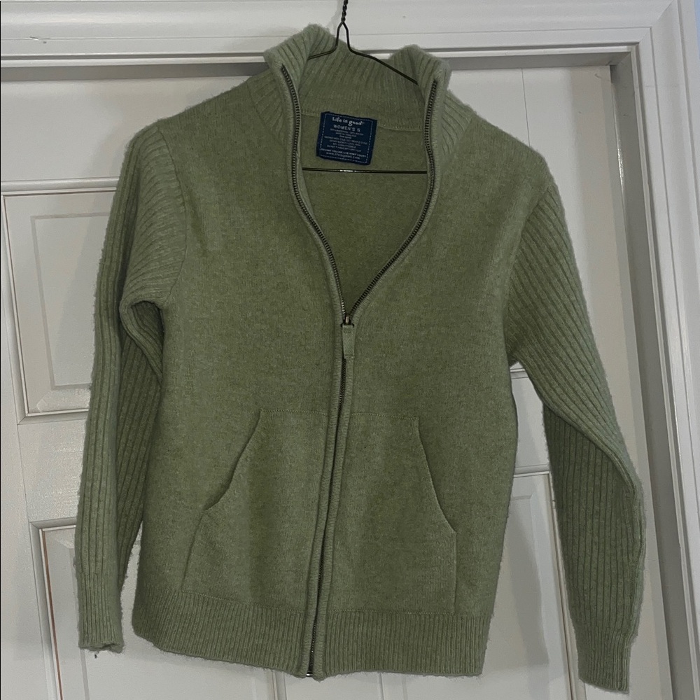 Life is Good Green Zip-Up Cardigan Sweater